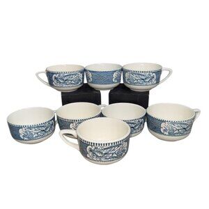 Vintage Royal Currier & Ives Horse Carriage Blue China Coffee Tea Cup Lot of 4